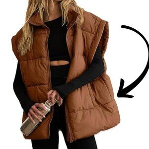 PrettyGarden Women's Puffer Vest Zip Up Sleeveless Brown Medium Lightweight